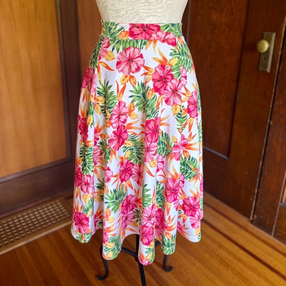 Hawaiian Print Tropical Swing Midi Skirt, Pink Green Orange White, Sz Large - Picture 1 of 4